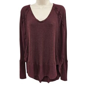 We The Free Sweater‎ Womens S Burgundy Waffle Raw Hem Boho Cabincore Lagenlook